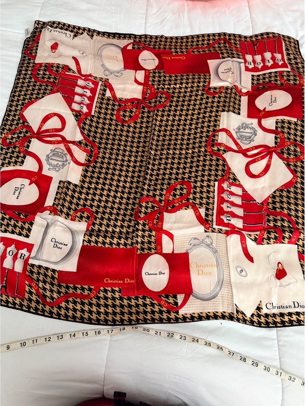 Christian Dior Vintage Houndstooth and Red Ribbon Silk Scarf